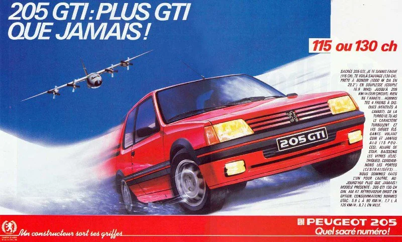 Affiche publicitaire de la Peugeot 205 GTI (1984-1994)