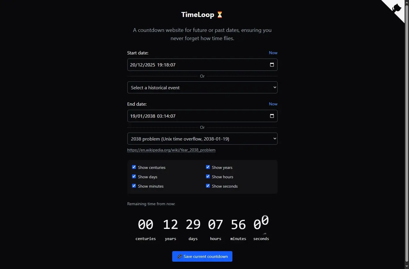 Compte à rebours du temps restant avant d'atteindre la date prévue pour le bug de l'an 2038
