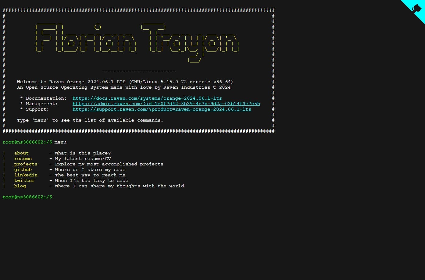 Page d'accueil du terminal après avoir saisi la commande `menu`