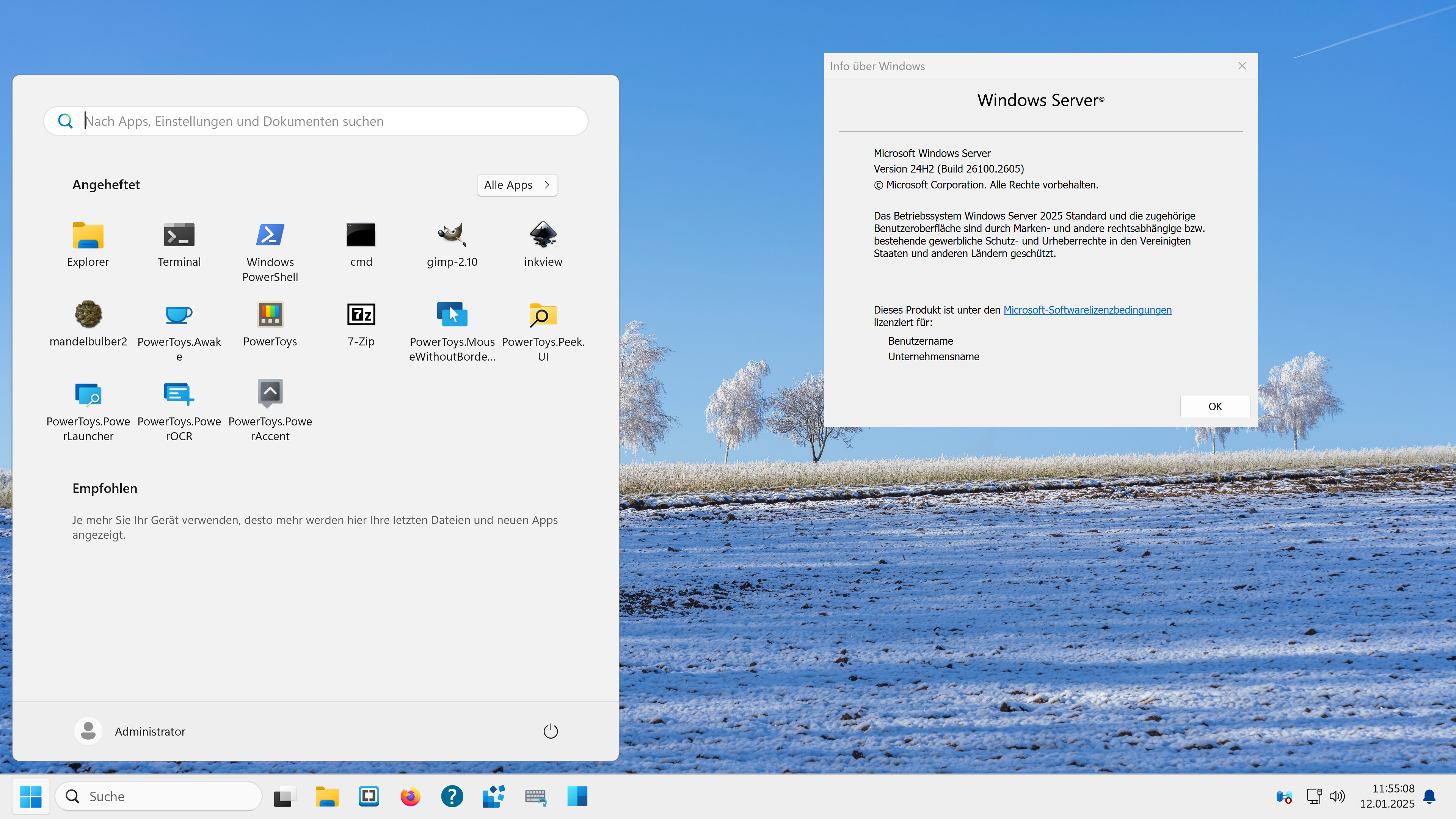 Capture d'écran du bureau de Windows Server 2025