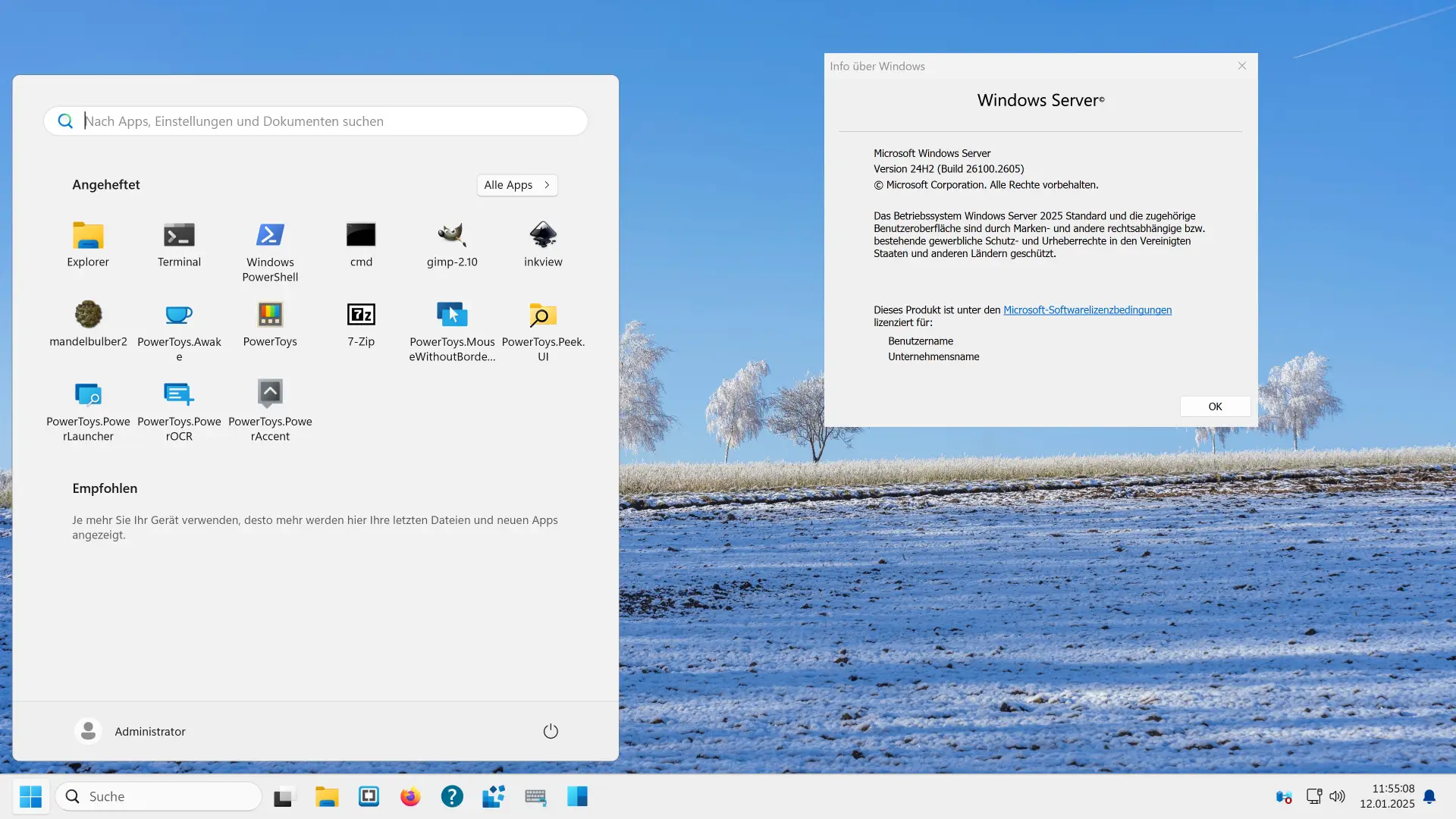 Capture d'écran du bureau de Windows Server 2025