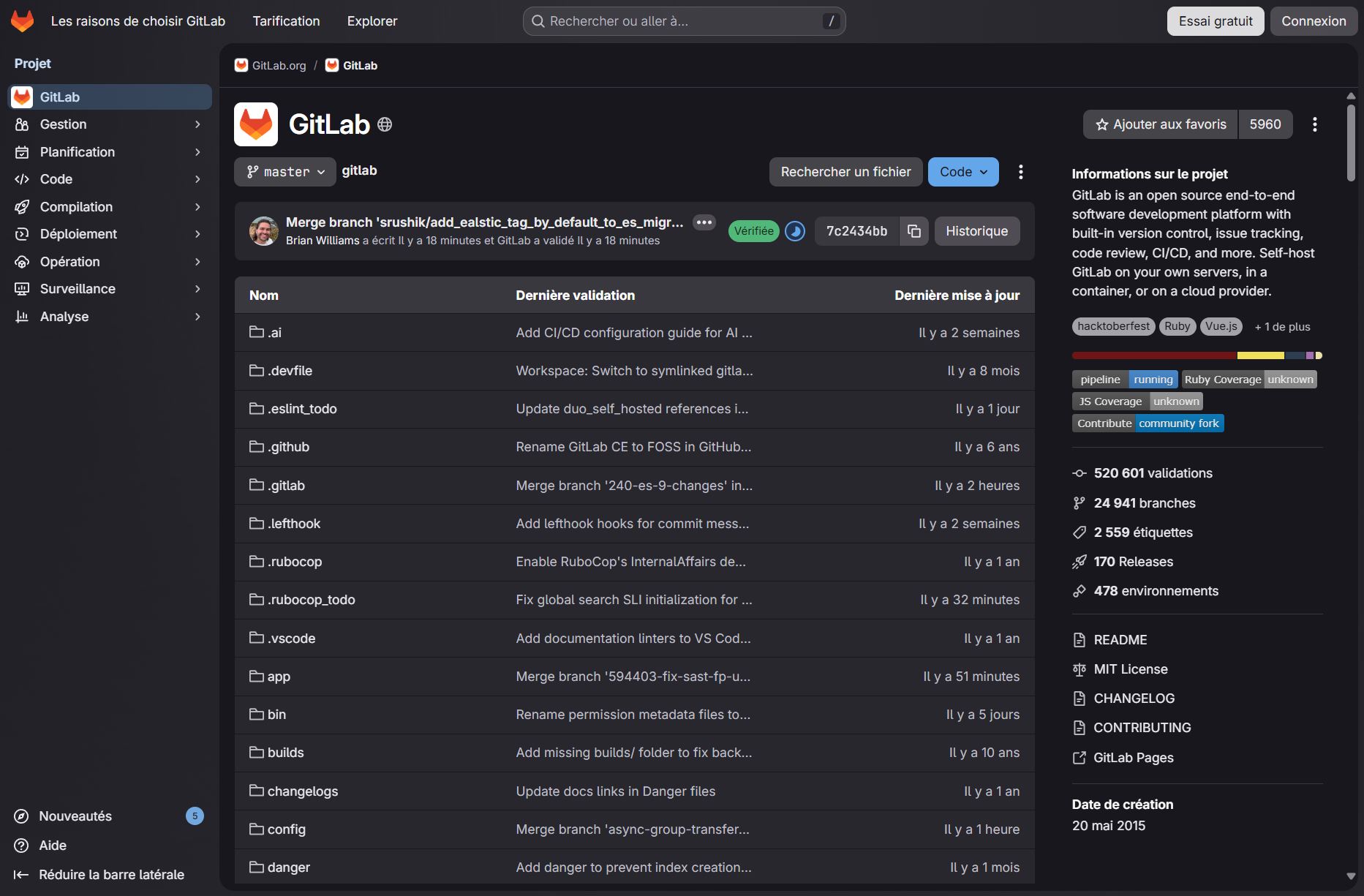 Capture d'écran du dépôt GitLab hébergé sur GitLab en version 18