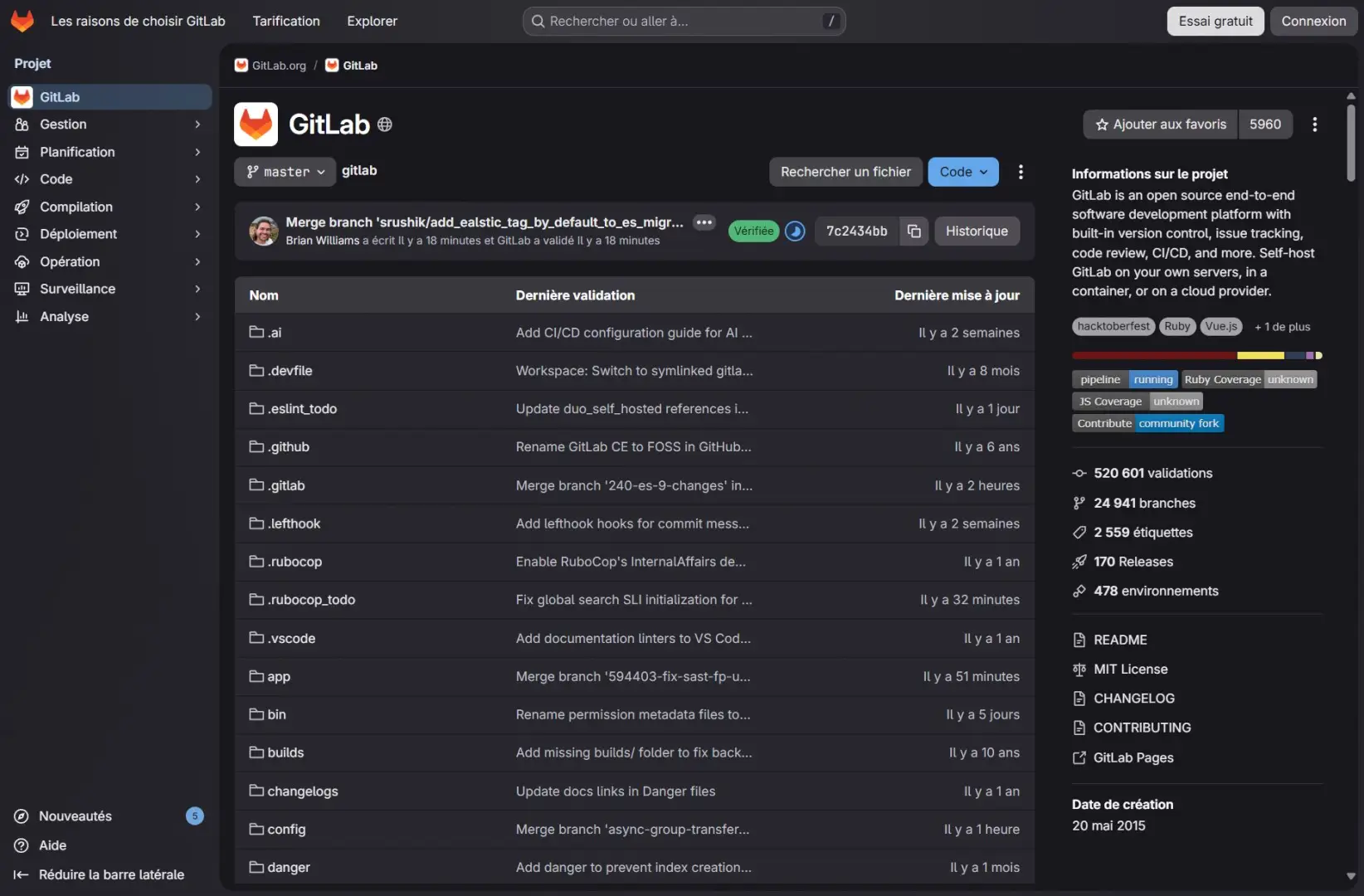 Capture d'écran du dépôt GitLab hébergé sur GitLab en version 18