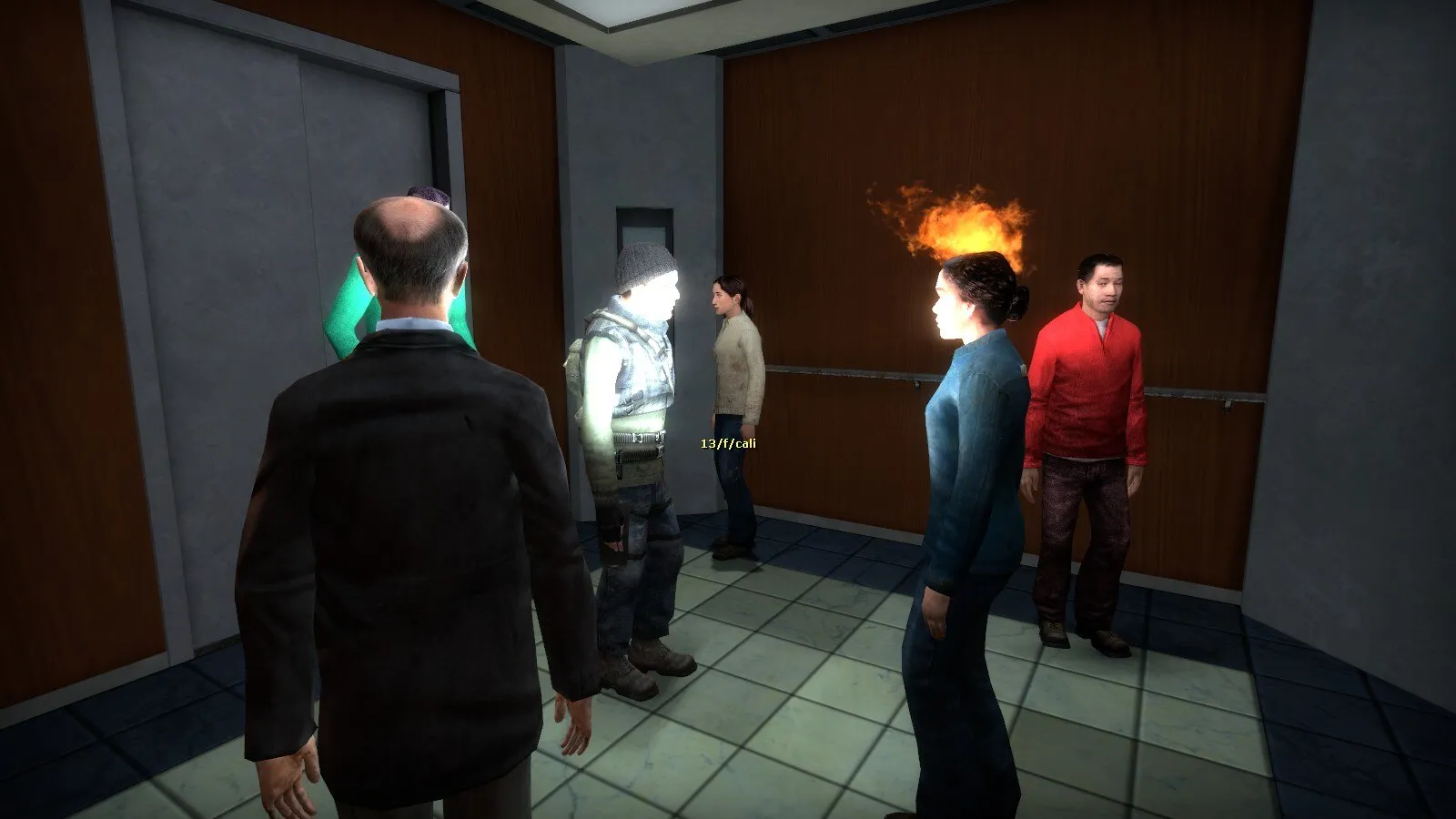 Capture d'écran d'une session sur le mode de jeu « Elevator » avec des membres MGC (2014)