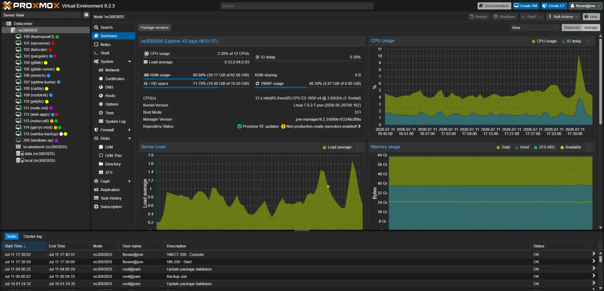 Capture d'écran du tableau de bord de mon instance Proxmox