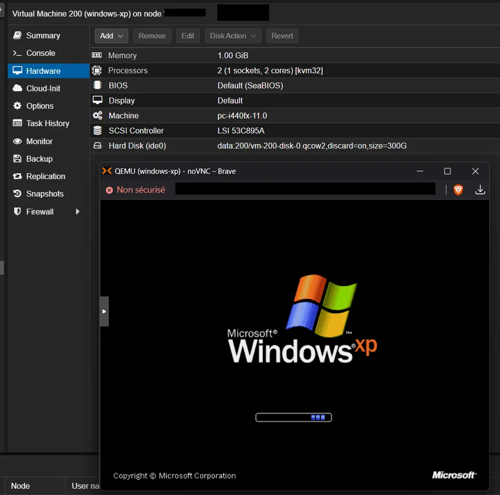 Capture d'écran du démarrage de Windows XP dans la machine virtuelle