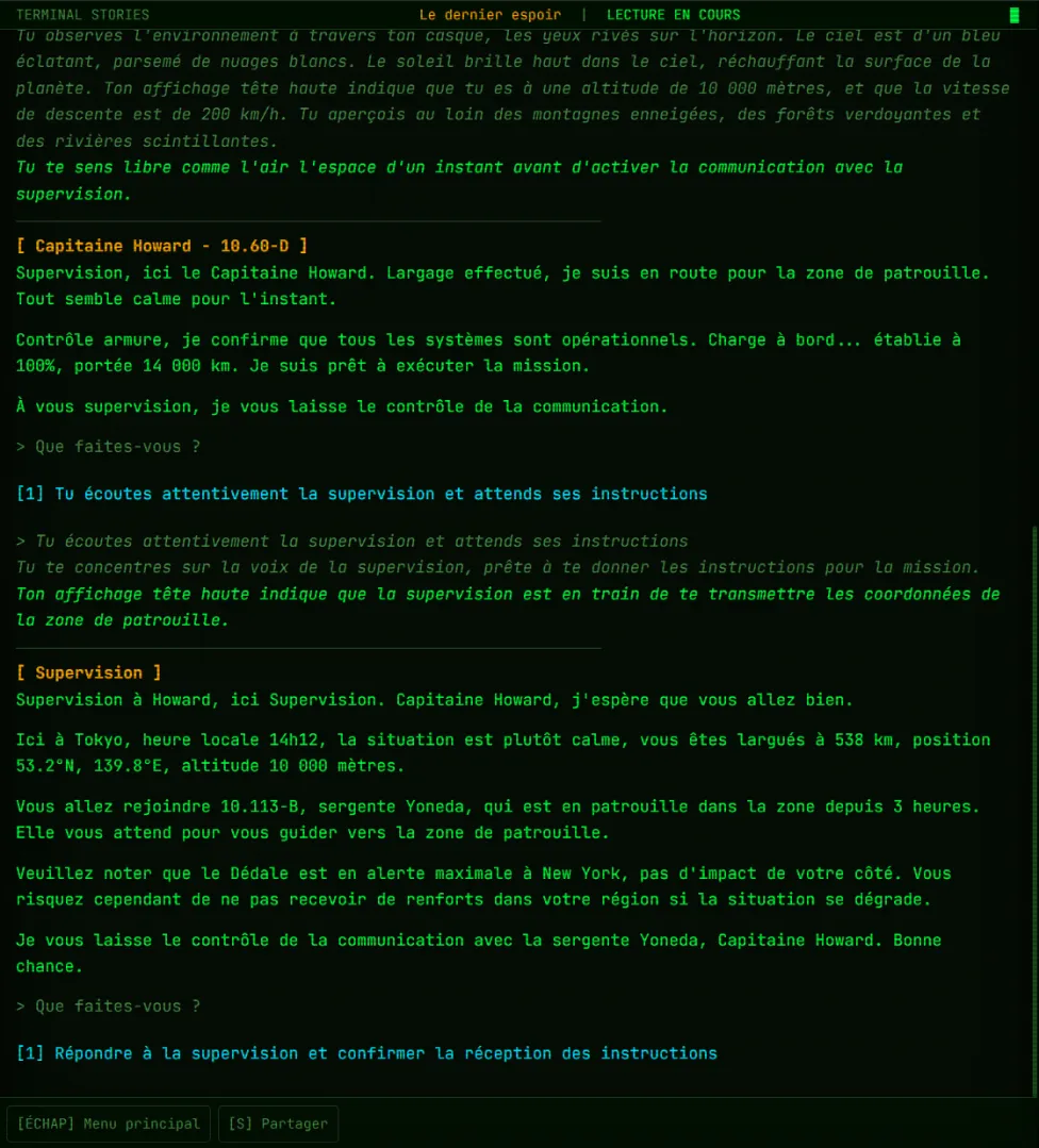 Capture d'écran de la lecture d'une histoire interactive